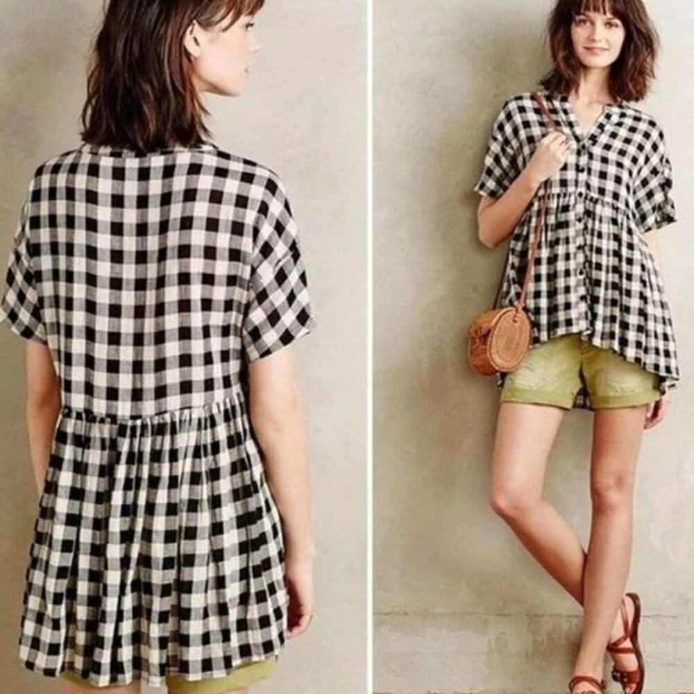 Anthropologie 11.1 Tylho Linen & Cotton Lightweight Flowing Plaid Peplum Blouse